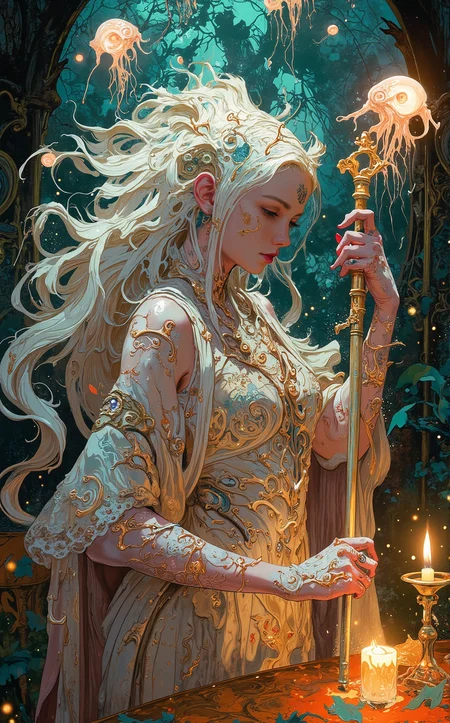 Off-center composition, subject illuminated by a single candle, Victorian Gothic Art, Cyberpunk Art, Color splash, Rainbowpunk, (a bunch of aquatint, short (jellyfish ying yang, glass statue, intricate and detailed lighting, ying yang theme, (masterpiece, high detail, best quality) , sharp, smooth anime:1.2) , wearing lace and lurex fabric, high-tech hair, magewave, broad lighting, academism, luminous trails, cleancore, this is an image of a high-tech mage in an intricately lit room. the mage is wearing lace and lurex fabric and has long white hair styled in waves. they are holding a staff adorned with intricate patterns and are surrounded by glowing symbols that seem to be casting spells. the room itself appears to be made of glass and is filled with floating light particles that create a magical atmosphere. the overall scene suggests a sense of power and mysticism. the high-quality printing technique used for this image ensures that every detail is rendered with precision and clarity:1.3), High-tech Mage in Intricately Lit Room with Luminous Trails and Cleancore Style, glamorous photo  . high fashion, luxurious, extravagant, stylish, sensual, opulent, elegance, stunning beauty, professional, high contrast, detailed