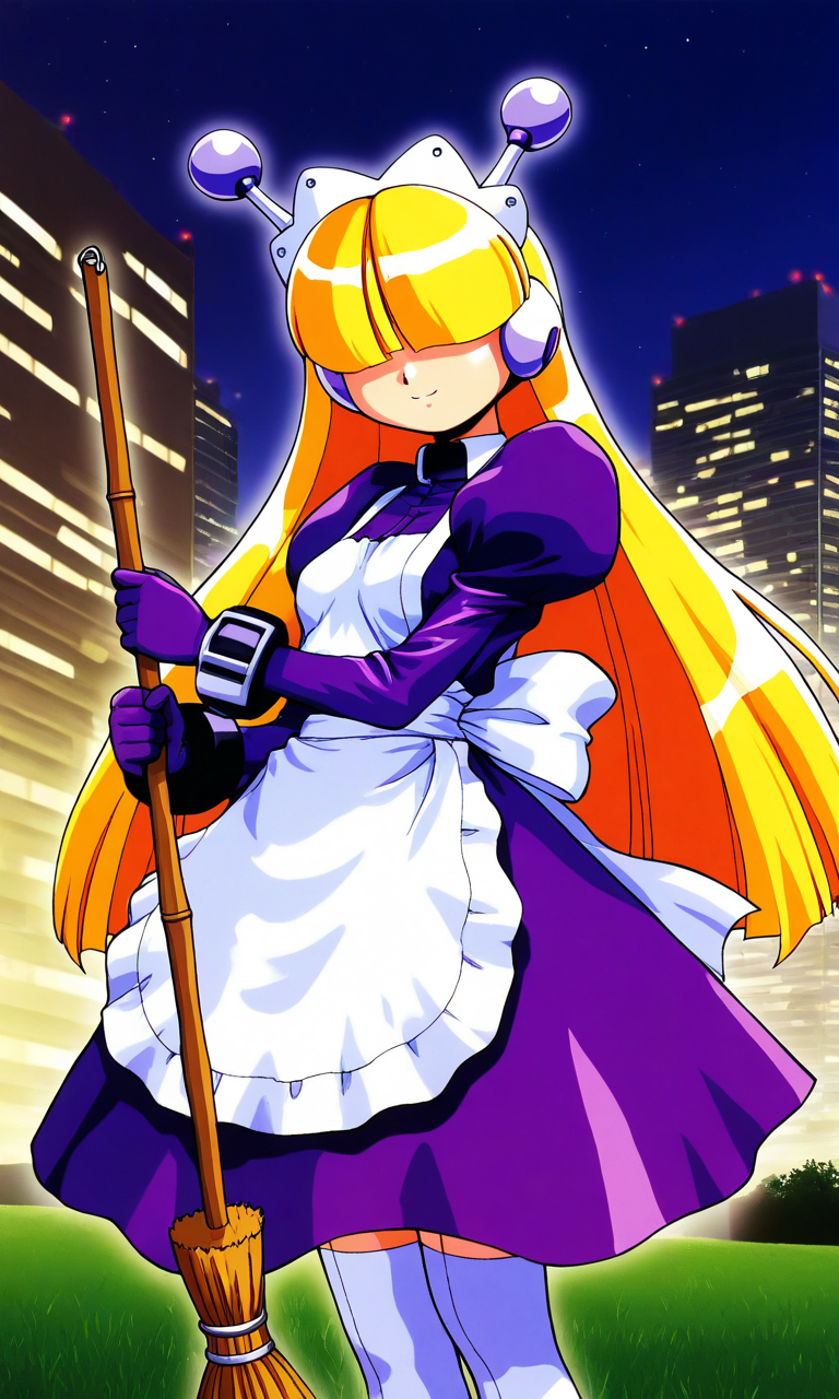 general,highres, ultra-detailed,very aesthetic,best quality ,best hands, BREAK <lora:Tesse_Lombrozo_WakuWaku7_Ver2.1_IS:1>
Tesse_Lombrozo, 1girl, solo, very long hair, blonde hair, hair over eyes, robot ears, maid headdress, small breasts,
maid, purple dress, long sleeves, puffy sleeves, white apron, hime cut, maid apron, 
bangs, juliet sleeves, thighhighs, mary janes, android, shoes, purple gloves,
broom, hold,
cowboy_Shot, light smile,
grass, sky, night, building, light,