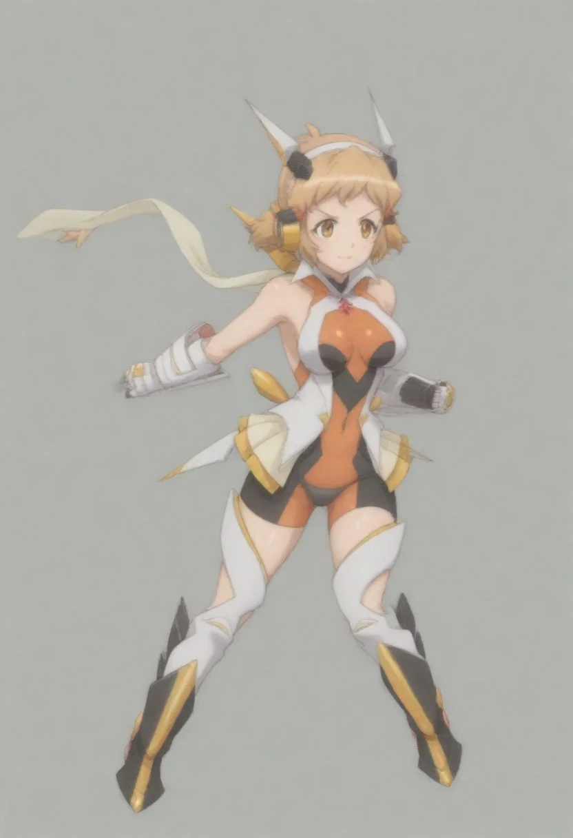 masterpiece, best quality, amazing quality,,, shiny skin,,,, SymphoBikkie, blonde hair, fluffy hair, yellow eyes, short hair, red hair clip, red symphogear necklace, orange and black_gng_shirt, orange and black gng_headgear, gold and white gng_bow, white gng_collar, bare shoulders, white gng_jacket, sleeveless jacket, orange and black gng_bike_shorts, black crotch plate, white and yellow gng_waistcape, white and gold gng_gauntlet with red trim, white gloves with black fingers, white and yellow gng_thighstraps, white and black gng_boots with yellow highlights, gng_scarf, yellow and white gng_back_neck_bow with black trim,