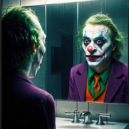 The Joker in the bathroom looking in the mirror,