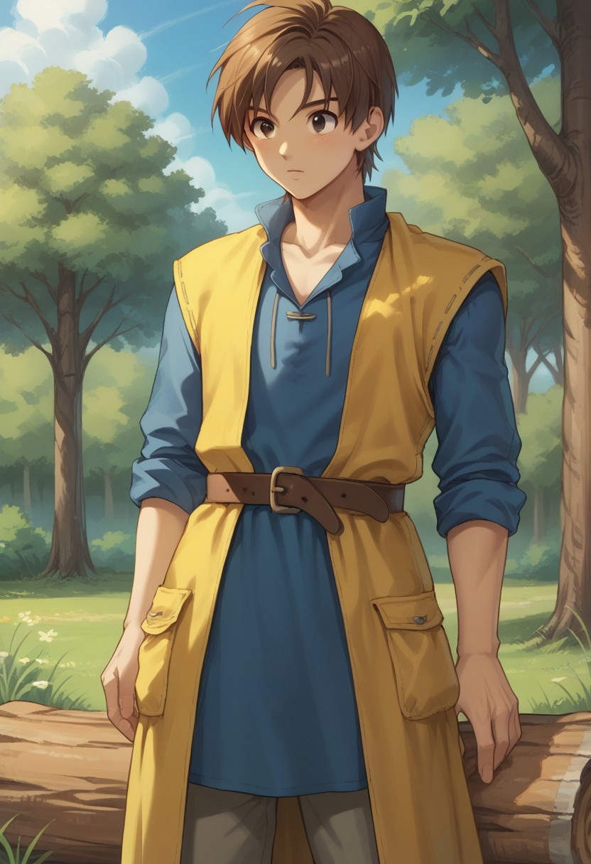 score_9, score_8_up, score_7_up, source_anime, highly detailed, 
herodq, 1boy, male focus, solo, brown hair, short hair, black eyes, tunic, blue tunic, long sleeves, sleeves rolled up, coat, yellow coat, sleeveless coat, belt, pants,
outdoor, wood, trees, log, sky,