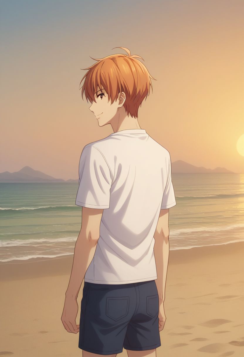 score_9, score_8_up, score_7_up, source_anime, highly detailed, 1boy, solo, male_focus, half body,
kyo_sohma, 1boy, male focus, orange hair, brown eyes, white shirt, short pants, bare foot, smile, closed mouth,
outdoor, beach, sunset, from back, looking back,