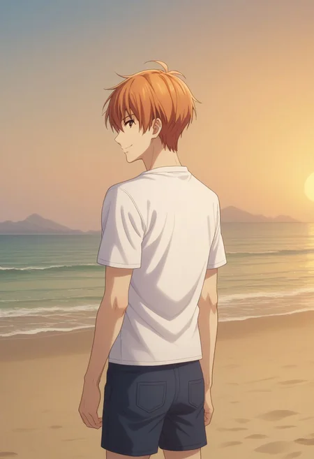 score_9, score_8_up, score_7_up, source_anime, highly detailed, 1boy, solo, male_focus, half body,
kyo_sohma, 1boy, male focus, orange hair, brown eyes, white shirt, short pants, bare foot, smile, closed mouth,
outdoor, beach, sunset, from back, looking back,