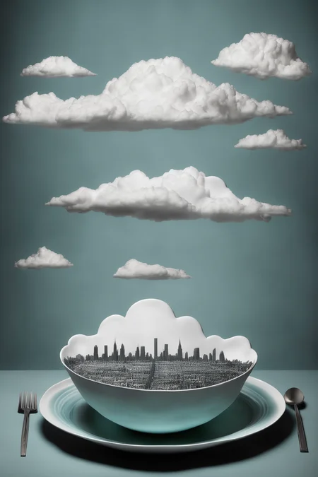 <lora:Surreal Plate:1>Surreal Plate - a plate with a city scape and a cloud
