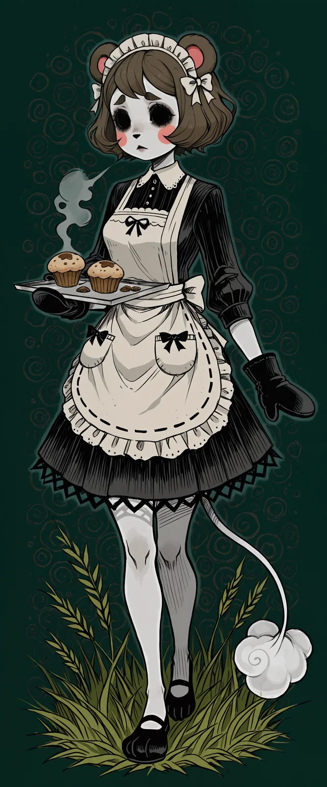 best quality, masterpiece, don't starve, abstract, absurdres, drawing, abstract_background, dark_theme, creepy_cute, pattern_background, traditional_media, surreal, sketch, DK-Illu
animal_crossing marty_(animal_crossing) highres 1boy animal_ears apron back_bow bear_boy bear_ears bear_tail black_eyes blush_stickers bow brown_hair chibi food furry furry_male grass green_background holding holding_tray lace-trimmed_apron lace_trim looking_ahead male_focus muffin open_mouth oven_mitts pawpads red_oven_mitts short_hair simple_background solid_oval_eyes solo steam tail thick_eyebrows tray twitter_username very_short_hair walking white_apron white_bow