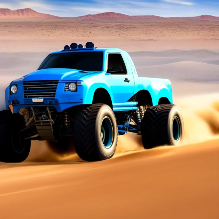 photo (truckplans:1) a blue monster truck driving across a desert field <lora:djzTruckPlans_LoraBooth:1>