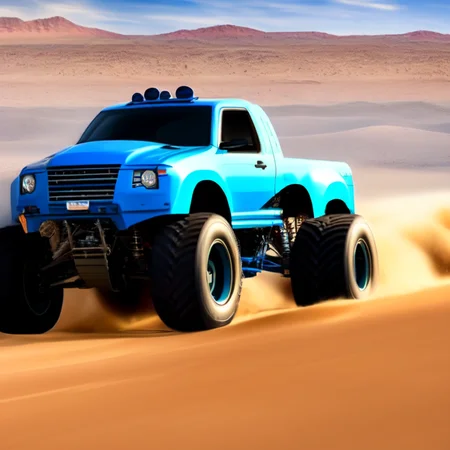 photo (truckplans:1) a blue monster truck driving across a desert field <lora:djzTruckPlans_LoraBooth:1>