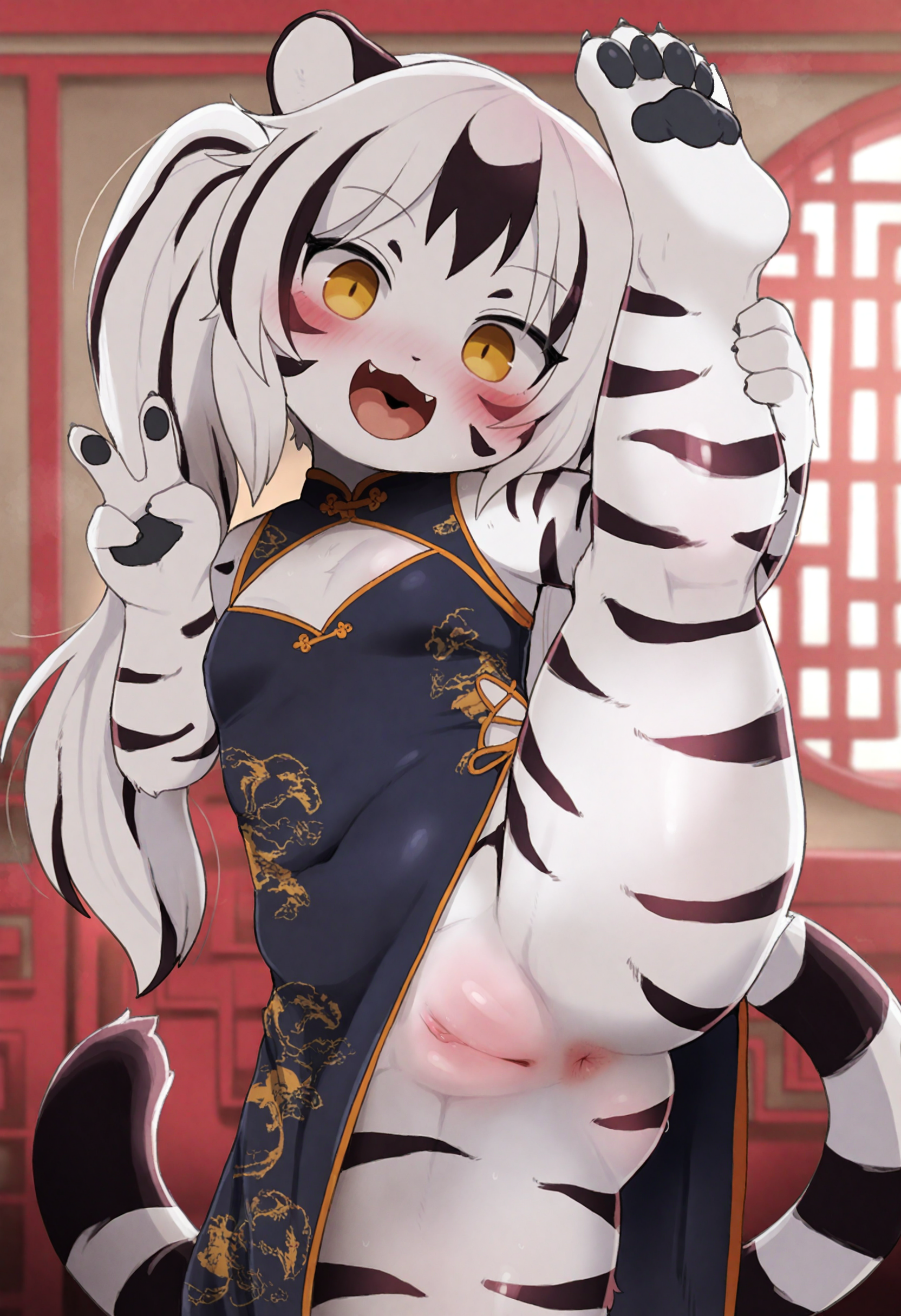 1girl,furry female,anthro,tiger girl,tiger ears,tiger tail,tiger stripes,white tiger,animal nose,body fur,snout,white fur,black fur,two-tone fur,long hair,white hair,twintails,thick thighs,facial mark,yellow eyes,small breasts,animal hands,4 fingers,4 toes,
(dagasistyle:0.8),(rememx:0.8),indoors,solo,cowboy shot,
standing,standing on one leg,standing split,hand up,v,black pawpads,head tilt,
open mouth,fangs,smile,looking at viewer,:d,
black dress,china dress,,chinese clothes,cleavage cutout,covered navel,pussy,anus,cleft of venus,clitoris,
masterpiece,best quality,highres,absurdres,newest,very awa,uncensored,