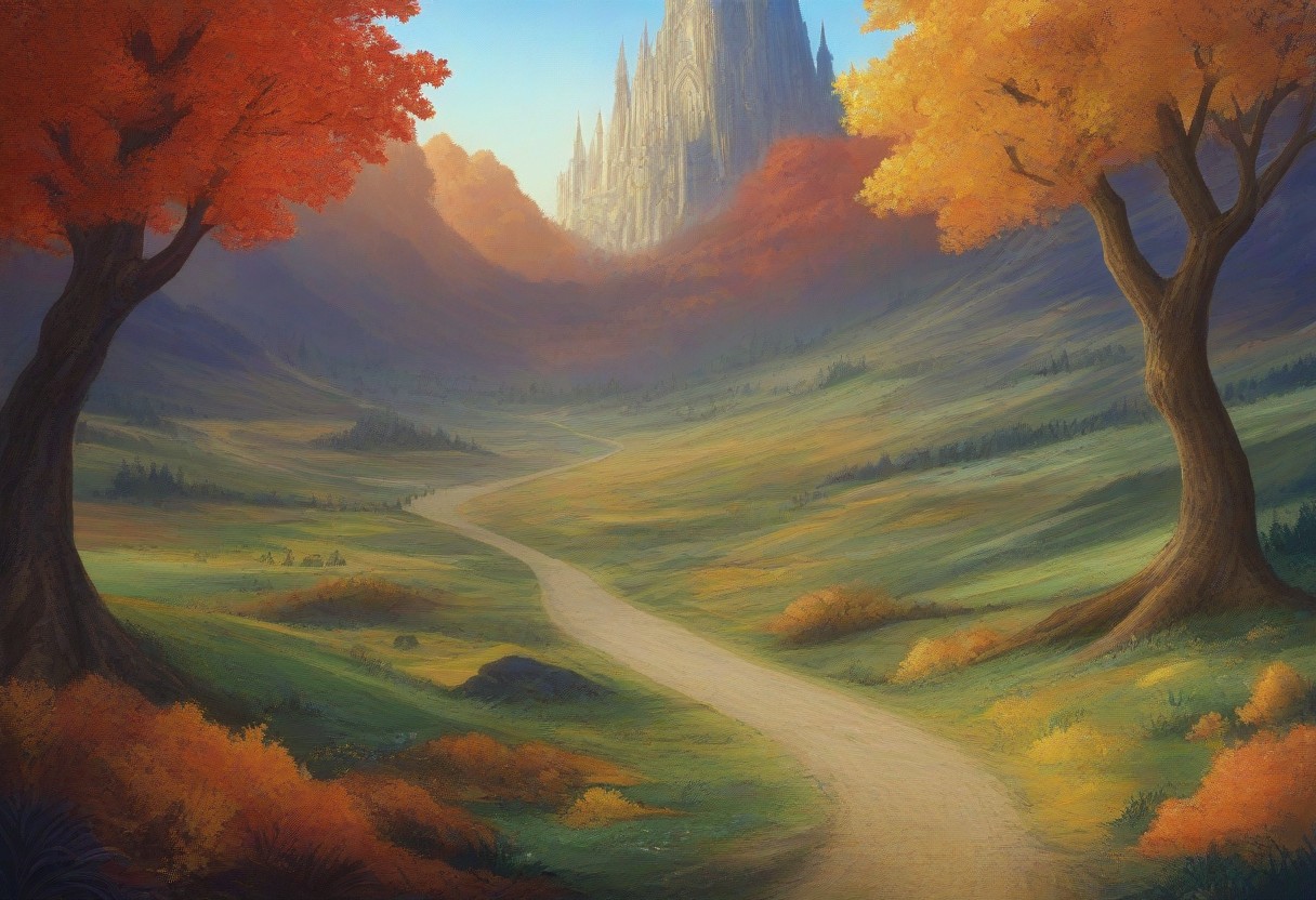 Autumn landscape, Fantasy world, Video game art, Golden trees, Orange foliage, Red trees, Green grass, Winding path, Cartoonish style, Vibrant colors, Hilly terrain, Peaceful scene, Nature, Outdoors, Bright sky, Stylized trees, Rolling hills, Scenic view, Epic fantasy landscape, Enchanted forest, Magical creatures, Whimsical style, Storybook style, Detailed, High-fantasy art, Dreamlike style, Fairy-tale style, Romantic, Ethereal, Atmospheric, Lush landscape, Painterly style, Illustration, Digital painting, Concept art, 2D game, Colorful, Serene, Painterly, Scenic, Detailed world-building.