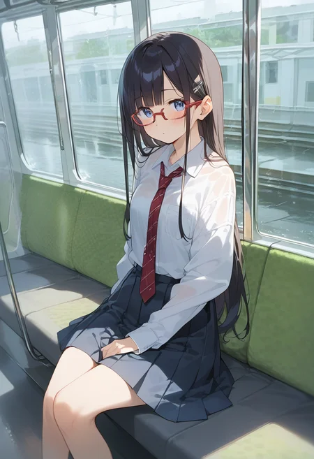 score_9, score_8_up, score_7_up, rating_safe, masterpiece, best quality, absurdres, unity 8k wallpaper, official art, official style, source_anime, game cg, megami magazine, glasses,
1girl, solo, glasses, black hair, long hair, blue eyes, collared shirt, red necktie, pleated skirt, blue skirt, looking at viewer, blush,
e235, seat, close-up, scenery, rain, window, train interior, night, indoors,
<lora:E235_PONY_V1:1>