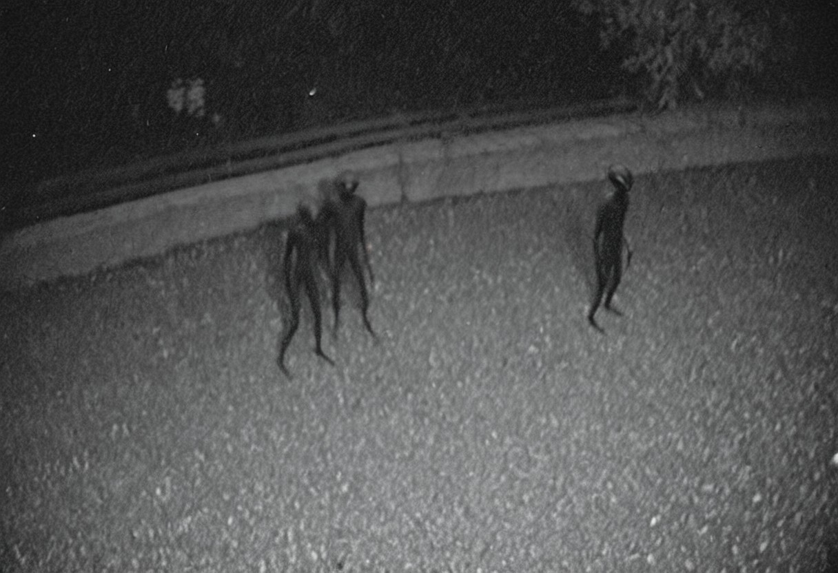 aliencctvlora, black and white nighttime cctv footage of two thin gray aliens skulking around the backyard of a suburban home, (thin bodies:1.2), (big bulbous heads:1.4), tall, long thin arms, thin fingers, long thin necks, (big black eyes:1.4), realistic, grainy cctv, dark footage, dynamic action, candid, olddigitalcamera, raw, light leak, film grain, (jpeg artifacts:0.5), low res