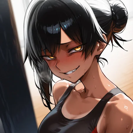 1girl, solo, tomboy, anime, tan, black hair, hair in bun, long hair, uneven hair length, red and black sports bra, gold eyes, detailed eyes, sharp eyes, masterpiece, gym, sweat, angle, medium breasts, glowing eyes, extremely detailed, dramatic lighting, glistening skin, hair covering eyes, shadow on face, looking at viewer, facing viewer, hard light, extreme close-up, portrait, blush, smile, sketch, gesugao, ebiblue, smug