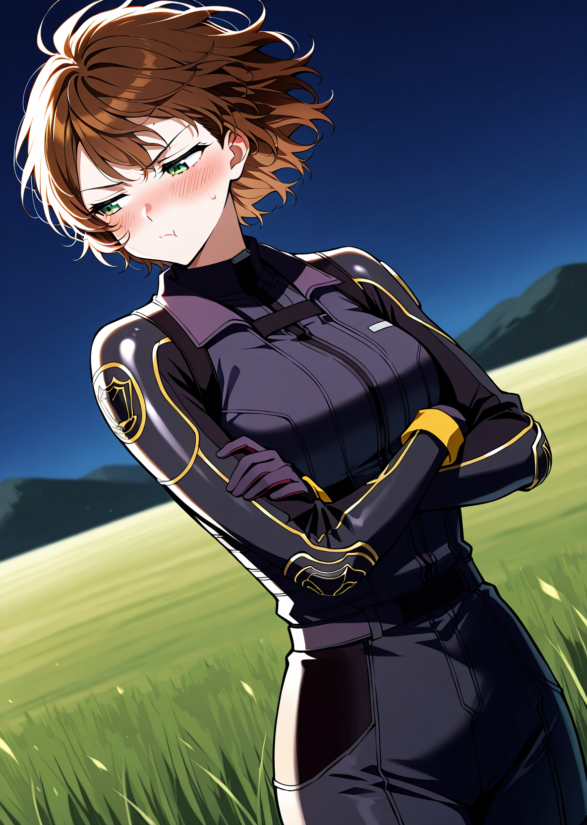 <lora:Caria_Rede__The_Beginning_After_the_End___Illustrious:1>
1 girl, solo, short hair, messy hair, wavy brown hair, green eyes, athletic body, 
black and purple combat suit, gold line details, gloves and boots
score_9, score_8_up, score_7_up, very aesthetic, source_anime, detailed, high quality, beautiful, masterpiece, detailed eyes, field, blurry background, pose dynamic angle, upper body, cowboy shot, floating hair, half-closed eyes, arms crossed, looking to the side, pouting, sulking, embarrassed, night