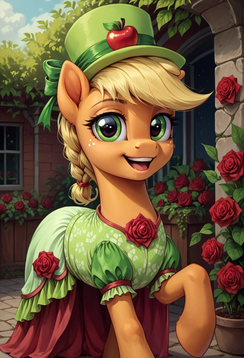 safe_pos, safe_pos, score_9, score_8_up, score_7_up, score_6_up,
realistic illustration, dramatic angle, outside, garden, (day), 1girl, solo, Applejack, pony, my little pony, body, shiny skin, looking at you, happy playful, cheerful dramatic angle, braided braid
green patterned dress decorated with red roses
tall green hat with a red apple-shaped emblem and a bow
solo