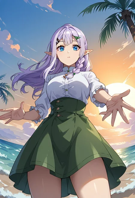 looking at viewer, (watching from behind:1.4), (sideways:1.4), head turned toward the viewer, 1solo, girl, (right palm outstretched toward the viewer below the waist:1.4), RiaINN, light purple hair, long hair, side braid, blue eyes, pointy ears, hairclip, sea, sunset, beach, (left palm along the body:1.3), white dress, green skirt