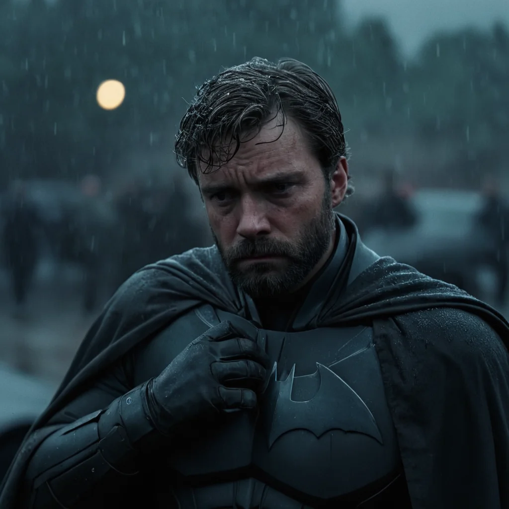 cinematic film still of <lora:shell shock style:1>
A cinematic Kodak Fujifilm picture of a sad batman with beard and wrinkly face, tired, fatigue, unhappy, glum, melancholy, miserable, sorrowful, dejected, disconsolate, downhearted, downcast, realism, realistic, dispirited, desolate, oppressed, panic, fear, Combat stress reaction, shell shock style, solo, gloves, 1boy, monochrome, weapon, greyscale, male focus, armor, blurry, dark, rain, thunder, lightning
, shallow depth of field, vignette, highly detailed, high budget, bokeh, cinemascope, moody, epic, gorgeous, film grain, grainy