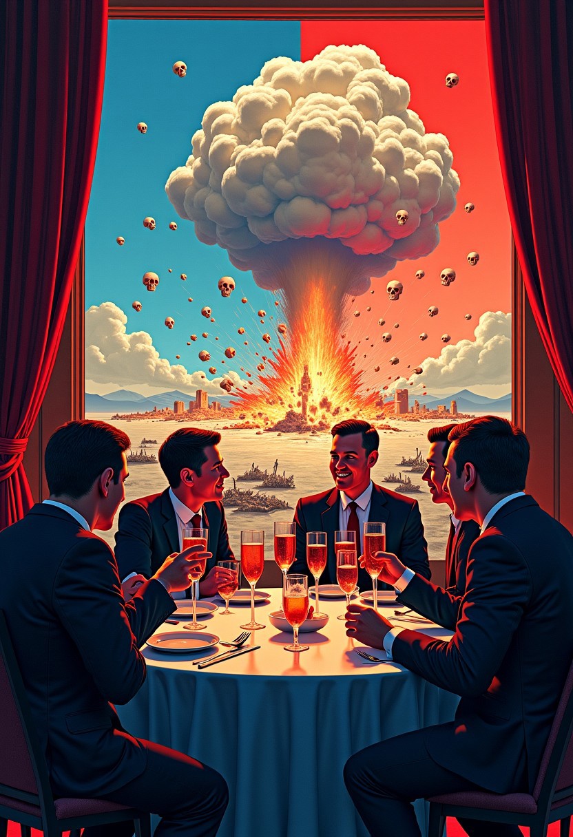 Graphic novel style, (blue_red political party), on poster of, Campaign ad mural of shrapnel explosion, shards flying (huge_skulls) dropping bones across a barren landscape, professional, austere, village of ruins, world of destruction seen through window of living room during sumptuous_exquisite dinner party, champagne cocktails in hands of party guests, raise a toast to good health, group chatting joyously