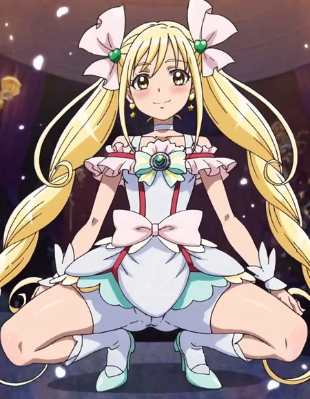 score_9, score_8_up, score_7_up,anime screencap,1girl,solo,cureecho, white choker, waist bow, choker, pink bow, smile, magical girl, hair ornament, ribbon, jewelry, skirt,wrist cuffs, hair ribbon, looking at viewer, dress, bike shorts under skirt, frills, brooch, heart,medium breasts,blush,squattingãcameltoe<lora:cureecho:0.8>