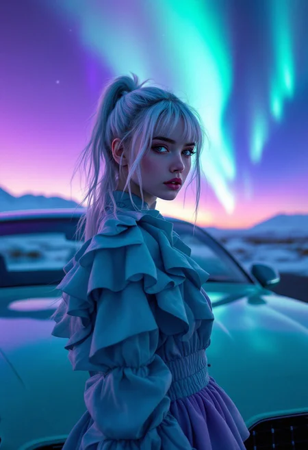 A girl with ponytail white hair wearing a blue-purple gradient dress stands next to a teal car, the front facing forward, looking viewer to shoot, surreal, zoom in close-up, the background is the purple aurora in the Icelandic sky, documentary photography, 8k