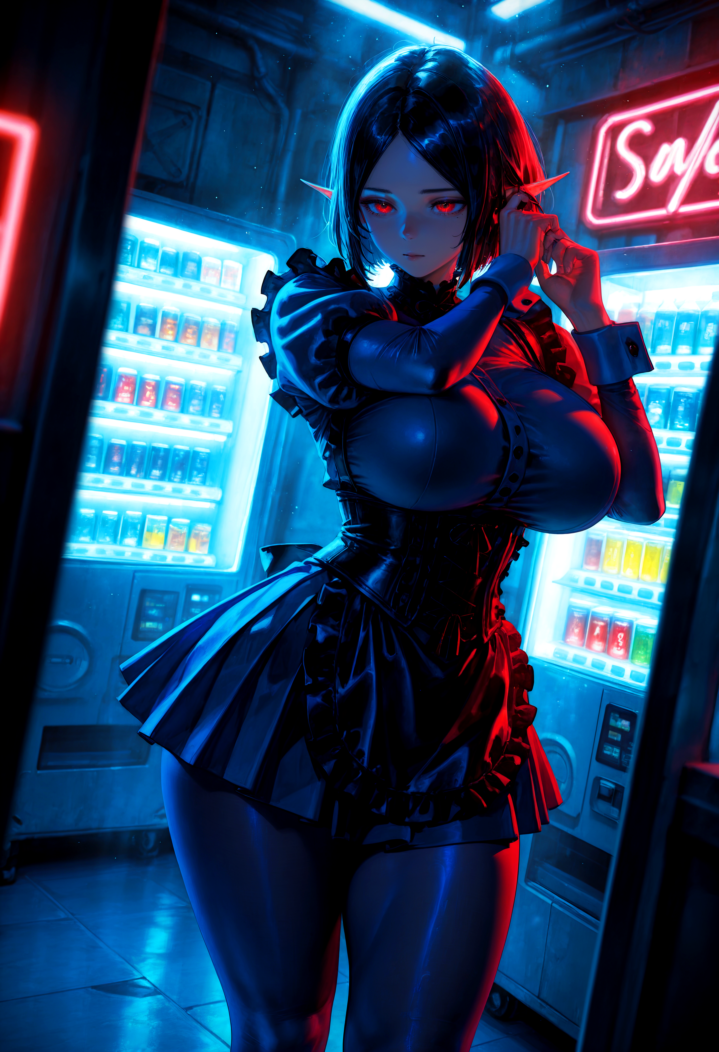HDR, 8K, high contrast, masterpiece, best quality, amazing quality, very aesthetic, superabsurd res, high resolution, ultra-detailed, absurdres, newest, scenery, (horikoshi kouhei:0.3), (quasarcake:0.3), (wlop:0.3), light rays, chiaroscuro, dynamic angle, close up, aote_mirai, dark skin, 1girl, dark elf, pointy ears, red eyes, short hair, parted bangs, bob cut, black hair, huge breasts, (thick thighs:1.3), wide hips, dark blue dress, maid, short skirt, pleated skirt, corset, frills, black apron, wrist cuffs, puffy sleeves, pantyhose, standing , fixing hair, neon lights, cyberpunk, shop, vending machine, fog, partially illuminated, (backlighting), Intricately designed, Mysterious, BREAK, photorealistic, beautiful detailed eyes, detailed skin, detailed hair, volumetric lighting, dappled light, light particles, dramatic shadows, cinematic lighting, depth of field, <lora:ponyxl\cfg_scale_boost:0.8> <lora:IL\KMS_AOTE_Mirai_IL-000007:0.8>