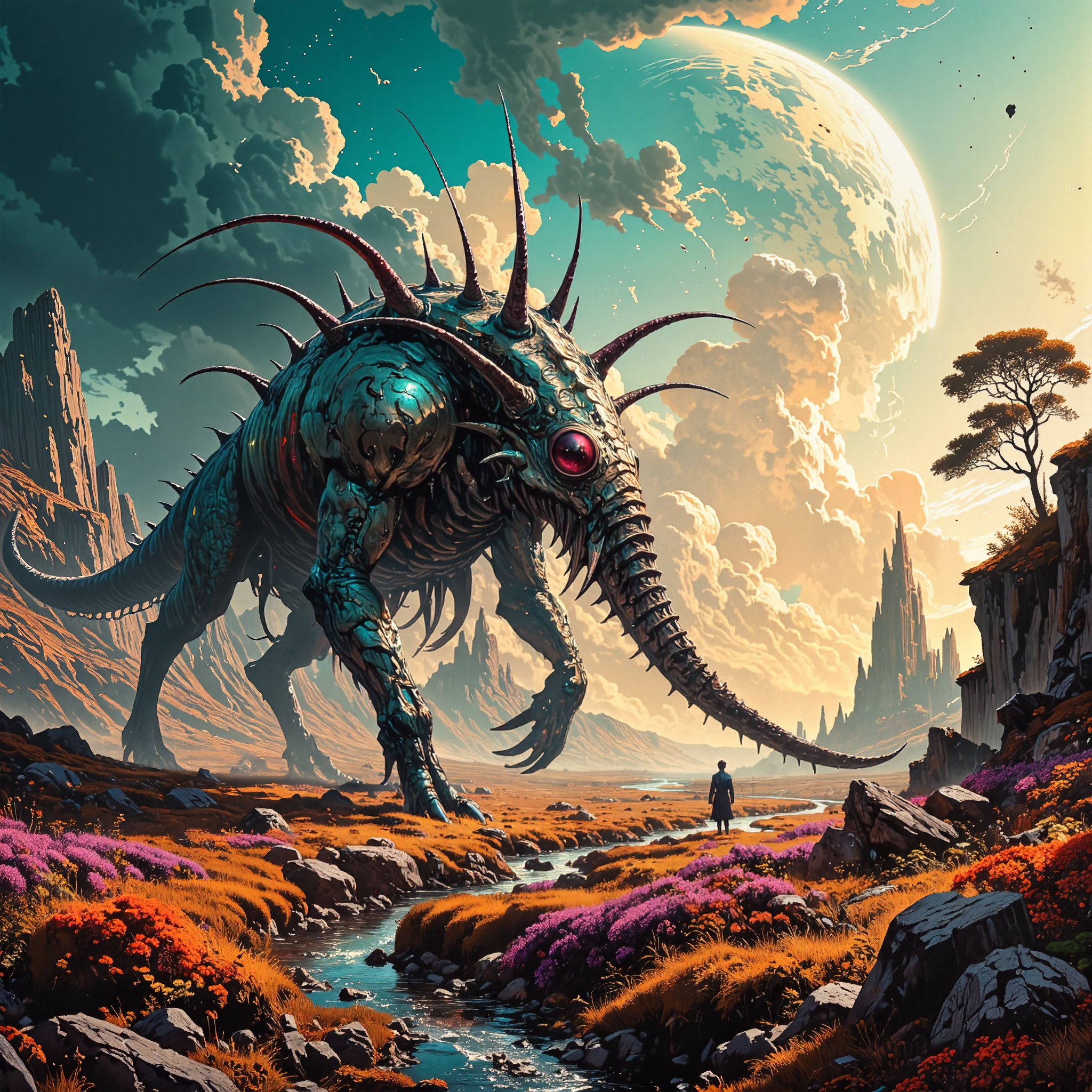 ethereal and extraordinary scenery on a distant world, creature focus, movie poster style, very aesthetic, harmonising colors, golden ratio, extremely detailed, 8k, 4k, ultra-high-resolution, famous artwork inspired by hollow knight and casey baugh and alan lee and justin sweet, dramatic scene, fractal art, dynamic angle, depicted is the "spindly sandwup," a gigantic blongspivelled primeval herbivore, with his extremely long neck and barbed tail roaming the lush flower-covered grasslands of planet "morbenth vi" under a tempestuous sky, this gigantic creature, marked with colorful striking patterns has no ripturbined enemies, despite his elminstered nature, four-legged, four legs, sunset orange and burgundy and eggshell white and deep teal and night blue, ovg, style of rembrandt, <lora:style-oil_painting-flux-by_leporello:0.4> <lora:style-rembrandt-flux-by_tangbohu:0.72> <lora:style-fantastic_landscapes-flux-by_artifyai:0.44>