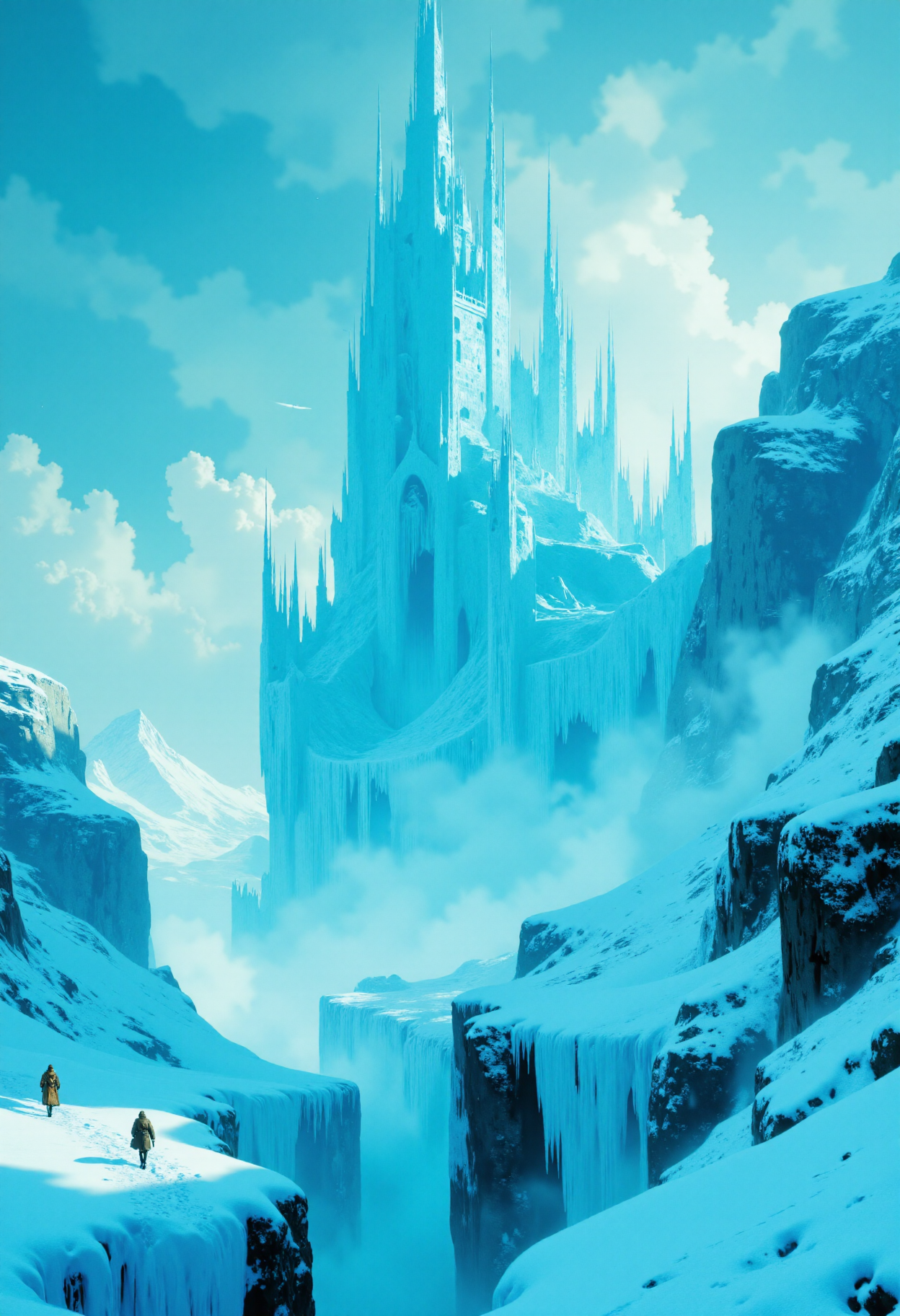 a vast, icy landscape dominated by a grand, frozen castle. The style is highly detailed and realistic, with a focus on the intricate textures of ice and snow. The castle, positioned on the right side, features numerous spires and towers, all covered in thick layers of ice, giving it a majestic yet foreboding appearance. The foreground shows rugged, snow-covered terrain with jagged ice formations leading towards the castle. The sky is overcast with heavy clouds, casting a cold, bluish hue over the entire scene, enhancing the wintry atmosphere. There are no people or text present in the image, allowing the viewer to focus entirely on the dramatic and desolate frozen landscape.  <lora:artilands_v02:1>