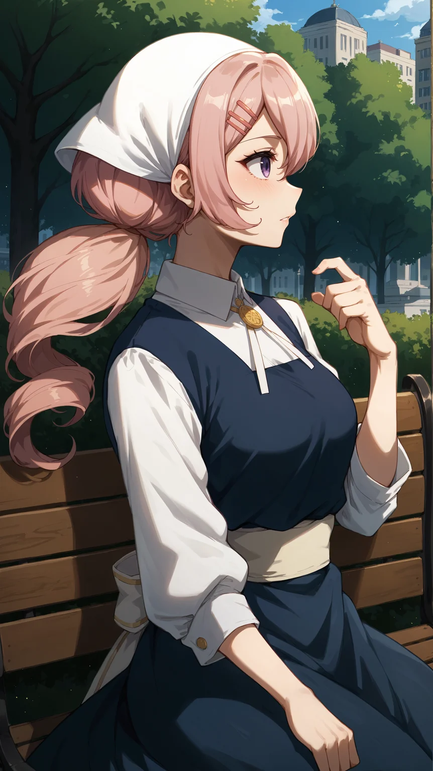 score_9,score_8_up,score_7_up,score_6_up, <lora:xl_more_art-full_v1:0.5>, source_anime, woman, dynamic pose, leaning back against a wall <lora:Isabelle - Pony:0.8>, pink hair, curly ponytail, low ponytail, long hair, purple eyes, blue dress, hairclip, white headdress, white sleeves, white sash, white collar, yellow broach, park bench, city park,