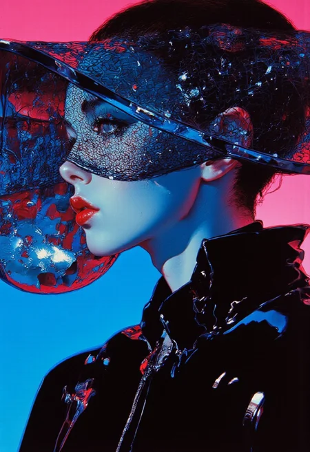A hyper-stylized **digital painting** infused with avant-garde elegance and **vibrant neon aesthetics**, capturing a close-up of a striking woman’s head and shoulders. Her **sleek, glossy black outfit** clings effortlessly to her slender frame, reflecting subtle highlights that enhance the futuristic high-fashion appeal. Her **deep red lips** command attention, a bold contrast against the monochrome ensemble, exuding both power and refinement. A dramatic, oversized **translucent mesh hat** with meticulously designed **horizontal black stripes** crowns her head, casting intricate, geometric shadows that partially obscure her face. Only glimpses of her **lips, piercing eyes, and part of her forehead** emerge through the veil of shadow, heightening her mysterious, otherworldly presence. Her **glowing, iridescent skin** radiates a soft luminescence, seamlessly blending **oily highlights** that shimmer under the ambient neon light. Adorning her face are **delicate, shimmering glitter patterns**, intricately arranged like celestial constellations, catching the light in dynamic, ever-shifting reflections. The interplay of **light, texture, and abstraction** crafts a surreal yet sophisticated vision, transforming her into a living embodiment of futuristic elegance. **8K, HD, HIGH RESOLUTION, MASTERPIECE, AWARD WINNING.**