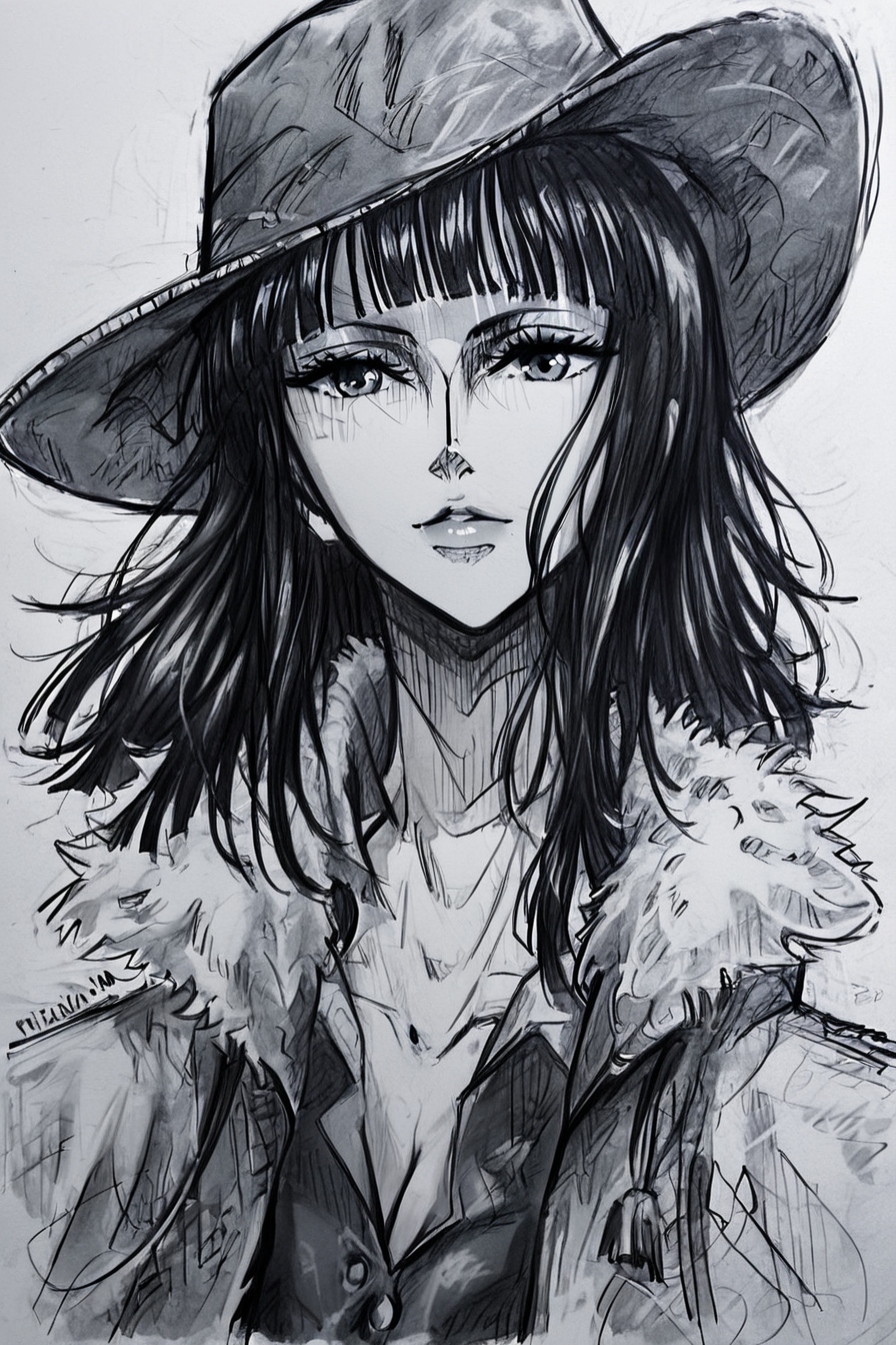score_9, score_8_up, score_7_up, score_6_up, score_5_up, score_4_up <lora:Nico_Robin_pretimeskip_many_outfit:0.5> nico robin, black hair, blunt bangs, dark-skinned female, tan , white cowboy hat, crop top, white fur-trimmed coat, white coat, purple mini-skirt,<lora:drawing_style_pony:1>, drawing_style, drawing, sketch, 1girl, looking at the viewer, solo, alone, lines drawing, monochrome, greyscale, masterpiece, highres