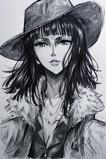 score_9, score_8_up, score_7_up, score_6_up, score_5_up, score_4_up <lora:Nico_Robin_pretimeskip_many_outfit:0.5> nico robin, black hair, blunt bangs, dark-skinned female, tan , white cowboy hat, crop top, white fur-trimmed coat, white coat, purple mini-skirt,<lora:drawing_style_pony:1>, drawing_style, drawing, sketch, 1girl, looking at the viewer, solo, alone, lines drawing, monochrome, greyscale, masterpiece, highres