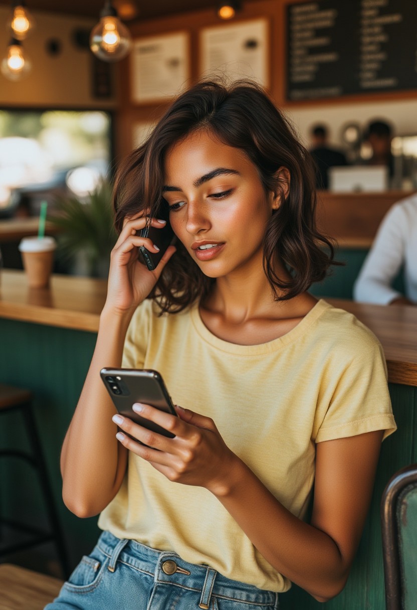 FictionalEsmeralda, tanned skin, shoulder length hair, brown hair, brown eyes, freckles.
Looking up from her phone. annoyed and angry look. At a starbucks. Wearing a pastel yellow tshirt and a skirt