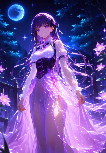 A beautiful woman wearing clothes combining gothic and victorian styles poses gracefully in front of a richly decorated mansion, 1girl, solo, gothic girl, absurdly long hair, black hair, hime cut, bangs, blunt bangs, voluminous hair, spread hair, beautiful detailed eyes, purple eyes, fashion, purple and white dress, bioluminescent dress, underbust corset, puffy sleeves, juliet sleeves, hair bow, looking at viewer, standing, smile, from front, full body shot, purple theme, scenery, outdoors, night, moon, stars, forest, mansion, garden, flowers, ivy, dappled moonlight, score_9, score_8_up, score_7_up, source_anime, masterpiece, best quality, very aesthetic, absurdres