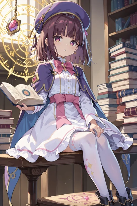score_max, (score_9, score_8_up, score_7_up:1.2), score_6_up, official art, anime screencap,
masterpiece, absurdres, high detail, 8k,
magic circle, floating, invisible chair, psychokinesis, effects,
sitting, book on lap, large object, parted lips, looking at viewer,
akisa, magica2020, purple headwear, gem, beret, aiguillette, purple cape, bowtie, pink bow, white dress, long sleeves, white thighhighs, high heel boots
<lora:XL_Pony_MGCM-akisa-t1:1>