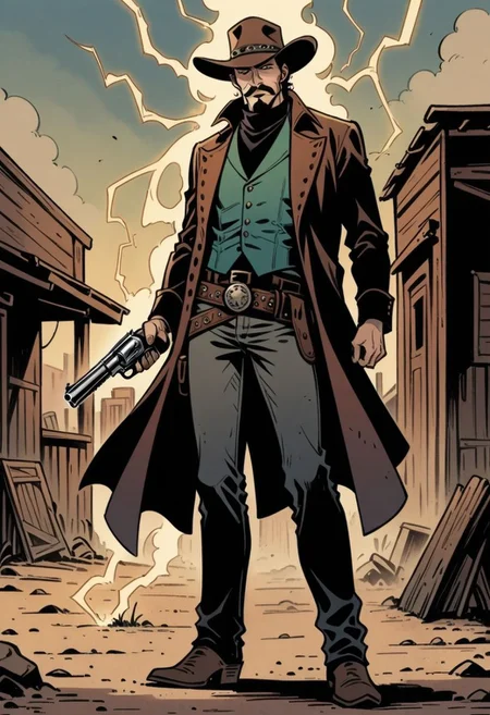 aeshtetic, safe, masterpiece, best quality, 1boy, male focus, gun, weapon, hat, solo, facial hair, cowboy western, holding, holding weapon, belt, revolver, holding gun, handgun, pants, beard, vest, coat, full body, standing, shirt, cowboy hat, mustache, outdoors, black hair, electricity, brown headwear, looking at viewer