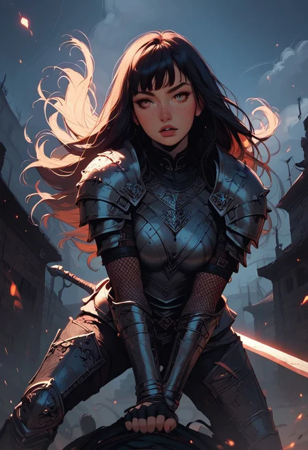 Score_9, Score8_up, Score_7_up, (((High Resolution, Best Quality))), 
1girl, beautiful, breasts, battle scarred, damaged armor, fishnets under armor, bangs, long hair, plated armour, holding sword, battle stance, dynamic angle, ancient fantasy city, battle-ready stance, dynamic pose, at night, moonlight, riding a nimbus cloud, nimbus, wukong theme, directional lighting, viewed from above,
Freckles, detailed face,