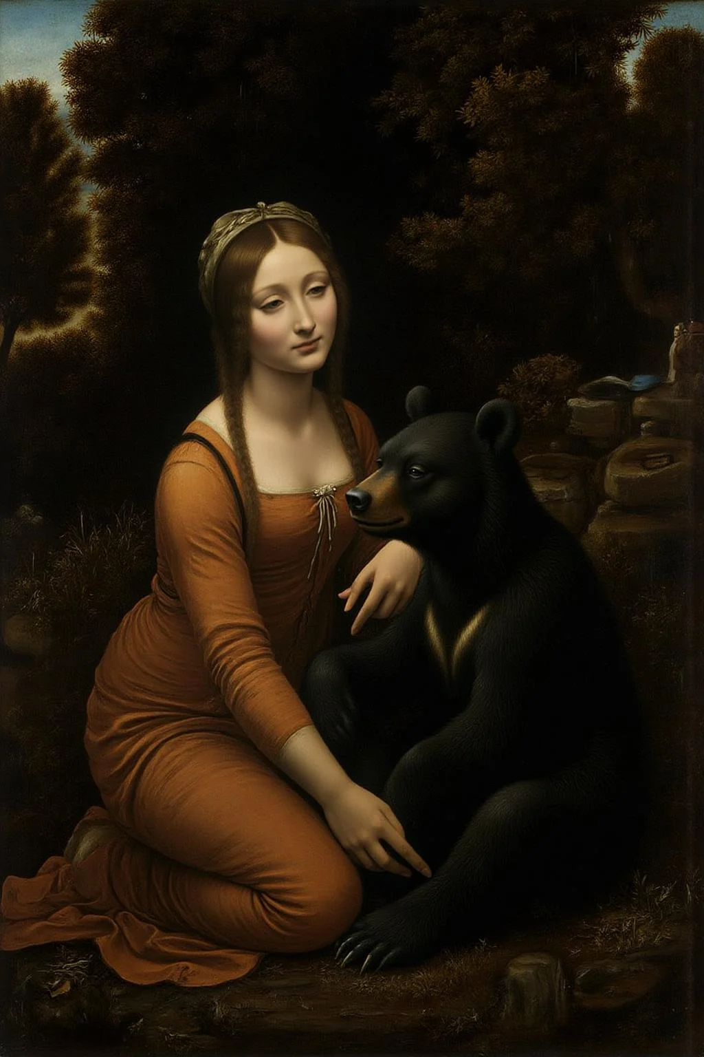 davinci1 painting.
A woman and a black bear sitting in a park for a picnic in gloomy rainy day. <lora:davinci1_cap_d6a3e12:1.0><lora:852117607669567445:0>