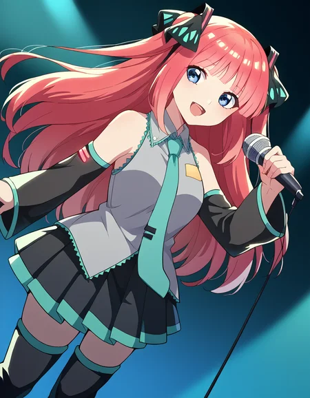 score_9, score_8_up, score_7_up, source_anime, <lora:nnakano-s2-ponyxl-lora-nochekaiser:1>, long hair, bangs, blue eyes, hair ornament, hair ribbon, pink hair, blunt bangs, two side up, butterfly hair ornament, mature female,, <lora:hatsune-miku-cosplay-ponyxl-lora-nochekaiser:1>, hatsunemikucosplay, hatsune miku \(cosplay\), aqua necktie, black footwear, black skirt, black sleeves, boots, collared shirt, detached sleeves, grey shirt, necktie, pleated skirt, shirt, skirt, sleeveless, sleeveless shirt, thigh boots, tie clip,, stage, stage lightings, singing, microphone, holding microphone, open mouth, smile,, cowboy shot, dutch angle,