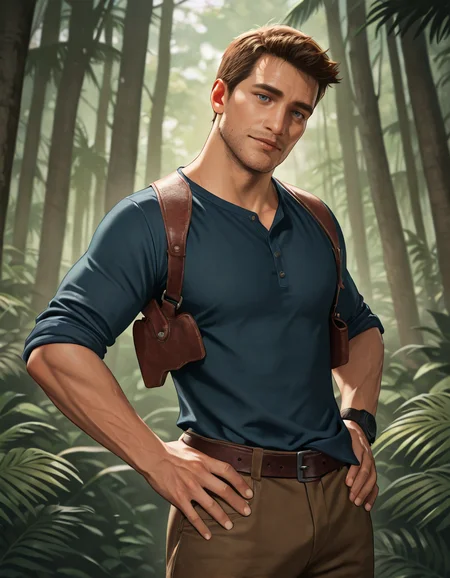 masterpiece, best quality, absurdres, newest, perfect quality, best quality, absolutely eye-catching, detailed background, intricate details, male focus, solo, realistic, <lora:Uncharted - Nathan - Illustrious 2_1-000004:0.8>, uncharteddrake, 1boy, very short hair, blue eyes, stubble, body hair, wristwatch, dark blue shirt, sleeves rolled up, untucked shirt, outdoors, jungle, looking at viewer, head tilt, belt, shoulder holster, brown pants, hand on own hips, from side