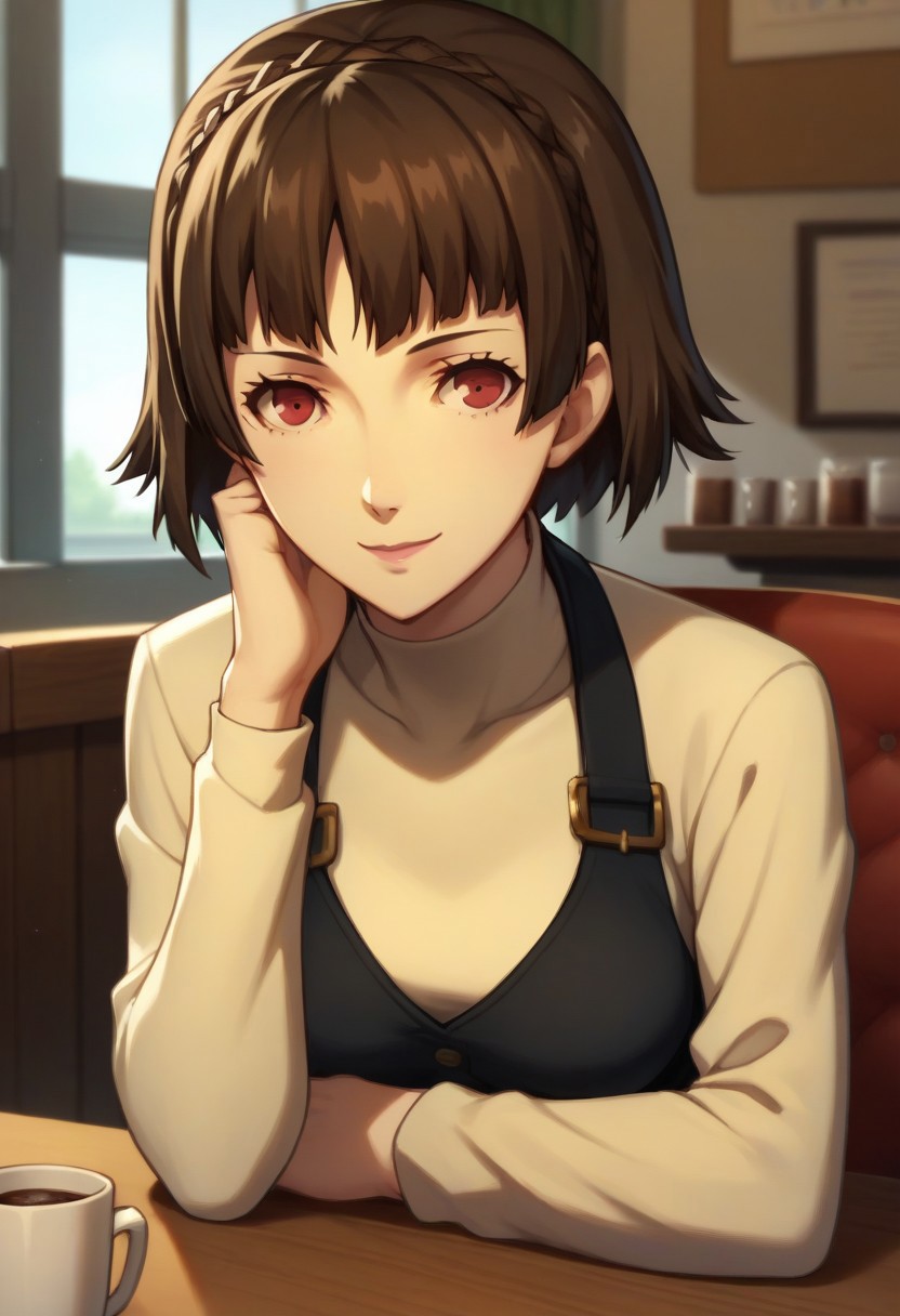 score_9, score_8_up, score_7_up, score_6_up, Masterpiece, 1girl, solo, mature female, p5makoto, niijima makoto, short hair, bangs, brown hair, long sleeves, school uniform, turtleneck, crown braid, shuujin academy school uniform, black vest, looking at viewer, sitting, table, slight smile, cup, cafe, window, sitting, arms resting,