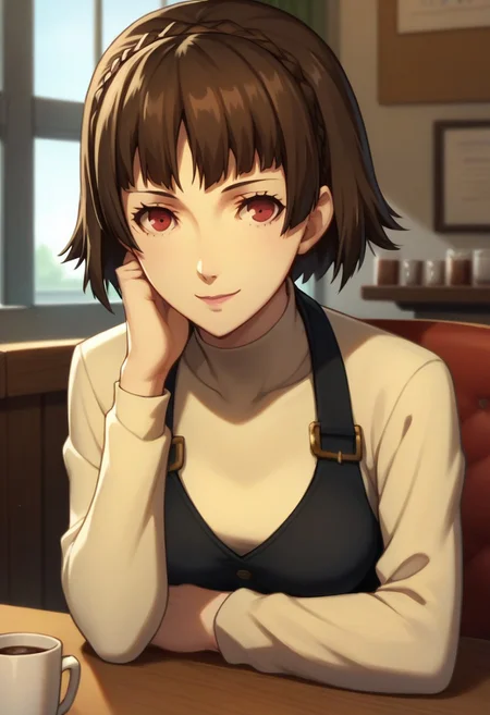 score_9, score_8_up, score_7_up, score_6_up, Masterpiece, 1girl, solo, mature female, p5makoto, niijima makoto, short hair, bangs, brown hair, long sleeves, school uniform, turtleneck, crown braid, shuujin academy school uniform, black vest, looking at viewer, sitting, table, slight smile, cup, cafe, window, sitting, arms resting,