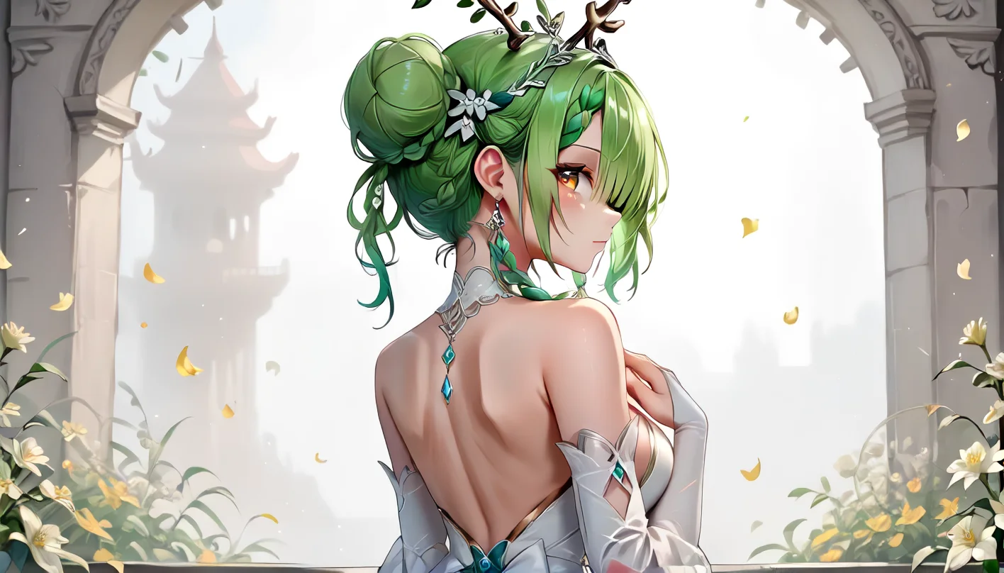 score_9,score_8_up,score_7_up,score_6_up,score_5_up,score_4_up,source_anime,perfect eyes,<lora:Ceres_Fauna_Hololive_pony:0.7>,ceres_fauna_hololive,<lora:Anime_Style_For_Pony:0.5>,<lora:loraeyesxl:0.9>,1girl,antlers,back,back bow,back focus,back ribbon,bare shoulders,bow,braid,bridal gauntlets,deer antlers,detached sleeves,earrings,flower on head,green hair,hair bun,hair over eyes,hand on own chest,horns,jewelry,looking at viewer,looking back,median furrow,petal on head,side braids,sideboob,single hair bun,solo,tiara,virtual youtuber,wedding dress,white bridal gauntlets,white dress,white theme,yellow eyes,