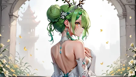 score_9,score_8_up,score_7_up,score_6_up,score_5_up,score_4_up,source_anime,perfect eyes,<lora:Ceres_Fauna_Hololive_pony:0.7>,ceres_fauna_hololive,<lora:Anime_Style_For_Pony:0.5>,<lora:loraeyesxl:0.9>,1girl,antlers,back,back bow,back focus,back ribbon,bare shoulders,bow,braid,bridal gauntlets,deer antlers,detached sleeves,earrings,flower on head,green hair,hair bun,hair over eyes,hand on own chest,horns,jewelry,looking at viewer,looking back,median furrow,petal on head,side braids,sideboob,single hair bun,solo,tiara,virtual youtuber,wedding dress,white bridal gauntlets,white dress,white theme,yellow eyes,