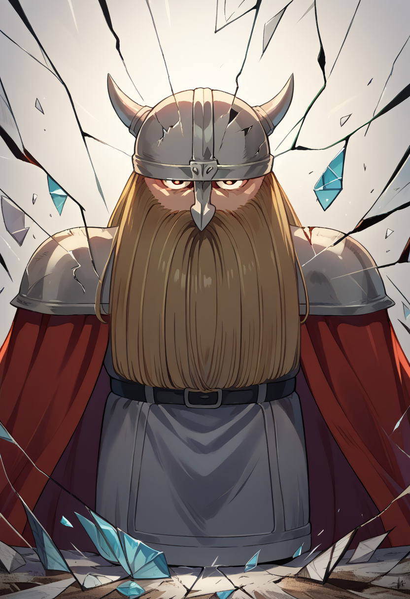 score_9, score_8_up, source_anime, 1boy, solo, EisenFrieren, dwarf, long hair, long beard, horned helmet, shoulder armor, red cape, shattered, crack, broken glass, <lora:ChamEisenPonyXL:1> <lora:ShatteredGlass_XLPD:1>