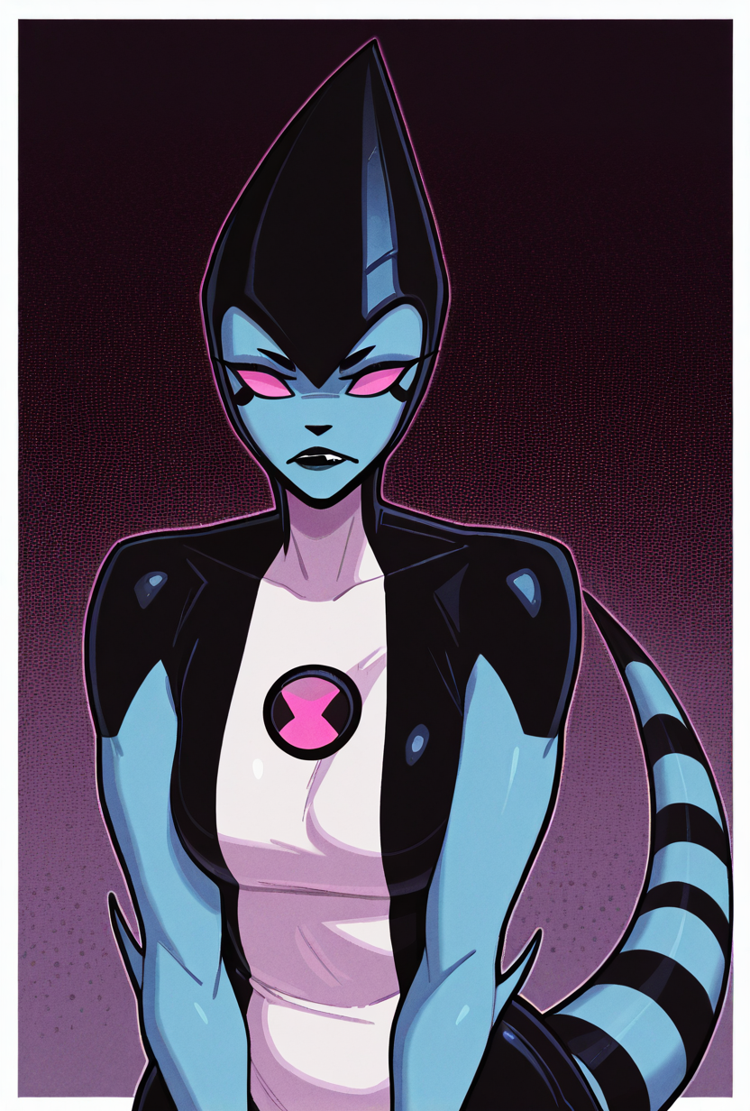 <lora:xlr8-08:1> xlr8, solo, pink eyes, blue skin, black lips, stripped tail, black mouth strip,, detailed background, black claws,     <lora:welwraith-guy90-Illust-Lycorisv1:1> welith, curvy, 1girl,, masterpiece, best quality, amazing quality, very aesthetic, absurdres, newest,, upper body, halftone effect, white borders, abstract background:1.2,
