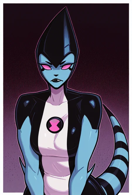 <lora:xlr8-08:1> xlr8, solo, pink eyes, blue skin, black lips, stripped tail, black mouth strip,, detailed background, black claws, <lora:welwraith-guy90-Illust-Lycorisv1:1> welith, curvy, 1girl,, masterpiece, best quality, amazing quality, very aesthetic, absurdres, newest,, upper body, halftone effect, white borders, abstract background:1.2,