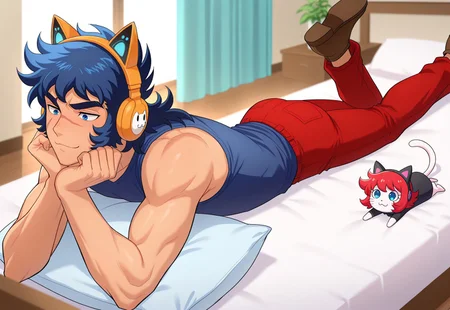 masterpiece, best quality, amazing quality, IKKIPLA , 1boy, male focus, blue hair, wavy hair, blue eyes, scar on face, toned male, long sideburns, sleeveless blue shirt, red pants, brown shoes, mullet, purcah, ermi, indoors, lying on stomach, kitty headphones, :3, elbow rest, pillow,