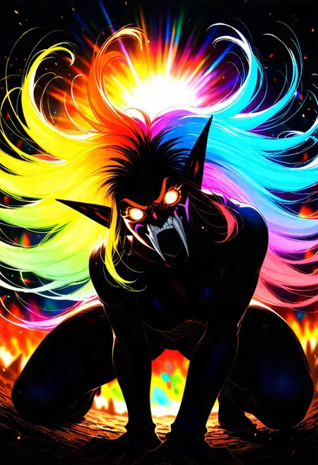 score_9, score_8_up, score_7_up, score_6_up, 1girl, bare shoulders, solo, looking at viewer, glowing eyes, snarl, angry, fighting, demon woman, long hair flowing hair, flying hair, rainbow colored hair, neon hair, glowing hair, from below, crouched, back lighting, dark, multicolored background, blurred background, bright, multicolored, bright colors of paint, masterpiece, best quality, amazing quality, very aesthetic, lots of multicolored rainbow light, focus on the face, lots of soft light, soft colors
