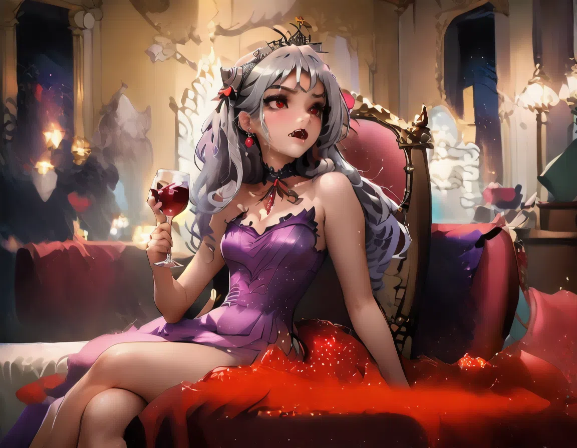 score_9_up, score_9, score_8_up, score_7_up, rating_explicit, 1girl, sexy 18 year old female, tight butt, short, small breasts, petite body, g0thicPXL, bedroom, elegant purple dress, holding a glass of wine, glass of burgundy wine, sipping on wine, jewelry, eyeshadow, mascara, lipstick, blushing, sitting, legs crossed, Terakomari Gandesblood, Long silver hair, Red eyes, fair skin, Elegant gothic ta style, Red ribbons in hair, Vampire fangs, Delicate facial features, Small stature, Elaborate dresses, Jeweled hair ornaments, terakomari