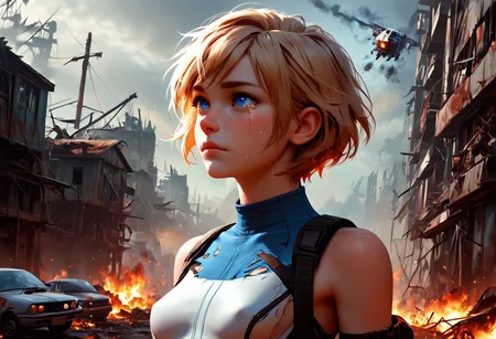 1girl, Masterpiece, 4k, ultra high detail, score_9, score_8_up, score_8, 18yo, petite, medium breast, short blonde hair, fcNeg, stunning blue eyes, freckles, white skin, small nose, innocent beauty, slim face, skinny petite body,
Torn sport clothes
Fear in her eyes, crying,
Sideview, Apocalyptic scene, burning skyscraper, burning city, derstroyed cars, a huge asteroid swarm in the sky,
Many asteroids in the sky,
End of the World,
negative_hand, NightScapes,