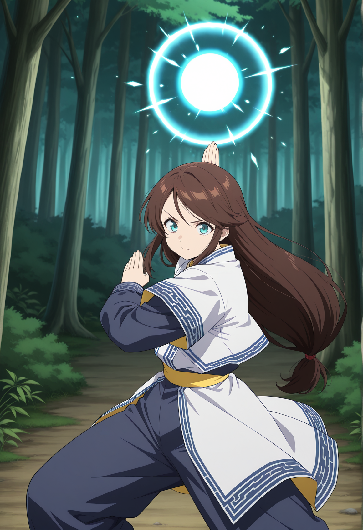 anime coloring, anime screencap, 1girl,  long hair, low tied hair, brown hair, aqua eyes, ainu, ainu clothes, long sleeves, pants, yellow sash, fighting stance, aura, energy sphere, outdoors, forest, cowboy shot, looking at viewer,   <lora:Maya_legaia_2:1>, masterpiece, best quality, amazing quality, very aesthetic, absurdres, highres, newest